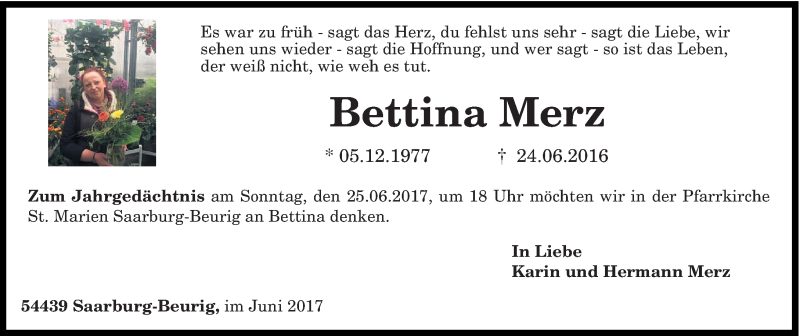  Traueranzeige für Bettina Merz vom 21.06.2017 aus trierischer_volksfreund