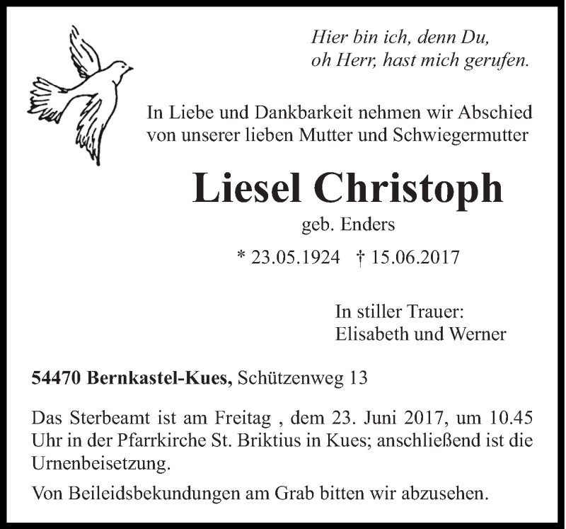  Traueranzeige für Elisabeth Christoph vom 19.06.2017 aus trierischer_volksfreund