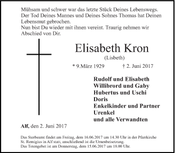 Traueranzeige von Elisabeth Kron von trierischer_volksfreund