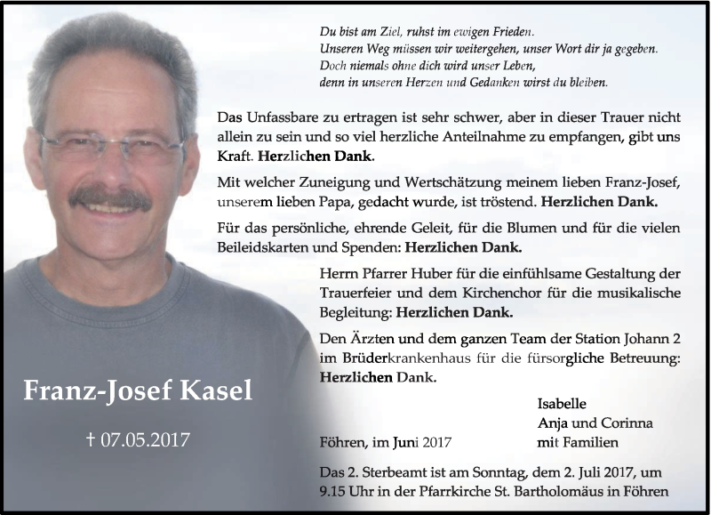  Traueranzeige für Franz-Josef Kasel vom 24.06.2017 aus trierischer_volksfreund