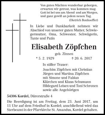 Traueranzeige von Elisabeth Zöpfchen von trierischer_volksfreund