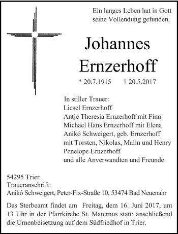 Traueranzeige von Johannes Ernzerhoff von trierischer_volksfreund
