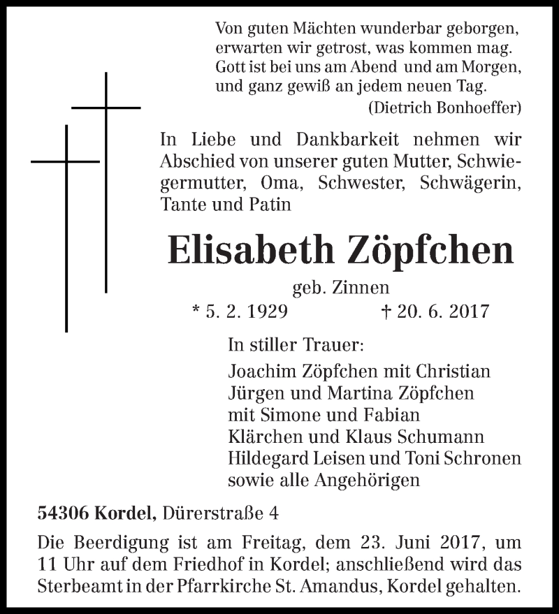 Traueranzeige für Elisabeth Zöpfchen vom 22.06.2017 aus trierischer_volksfreund