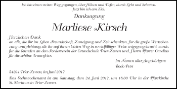 Traueranzeige von Marliese Kirsch von trierischer_volksfreund