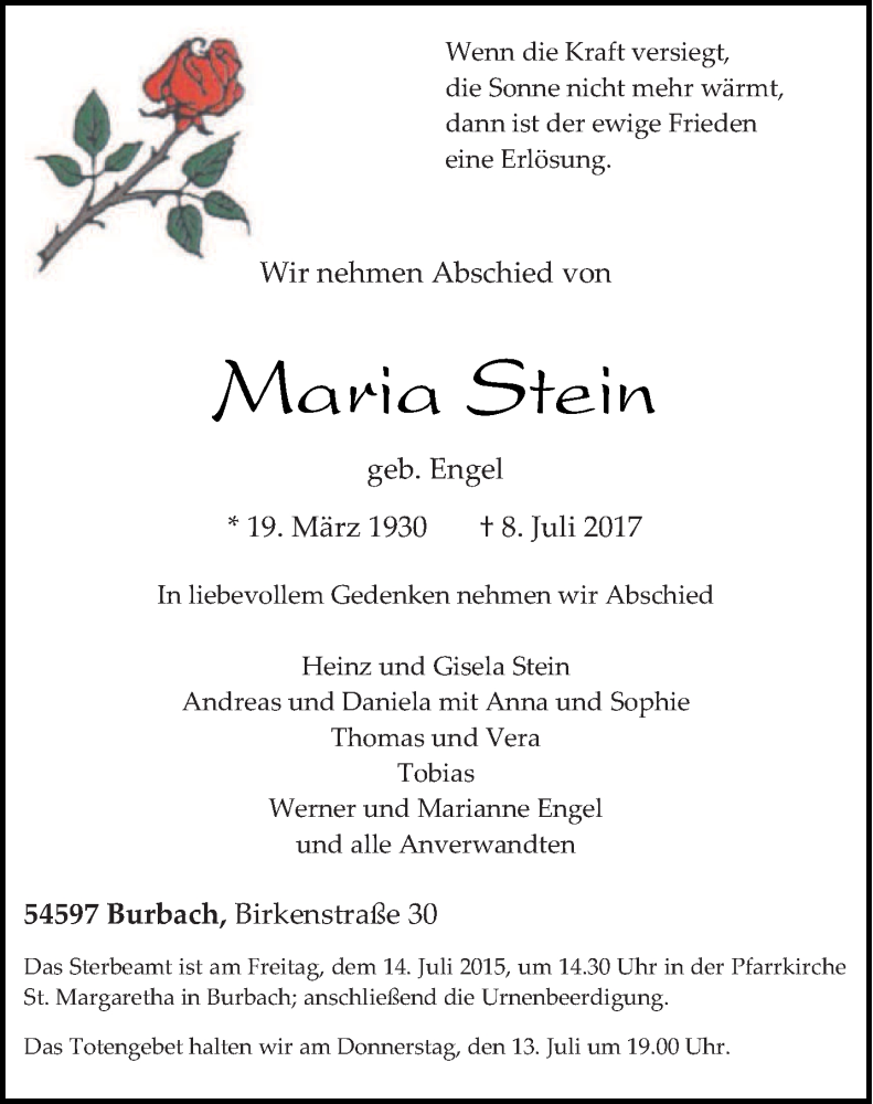  Traueranzeige für Maria Stein vom 10.07.2017 aus trierischer_volksfreund