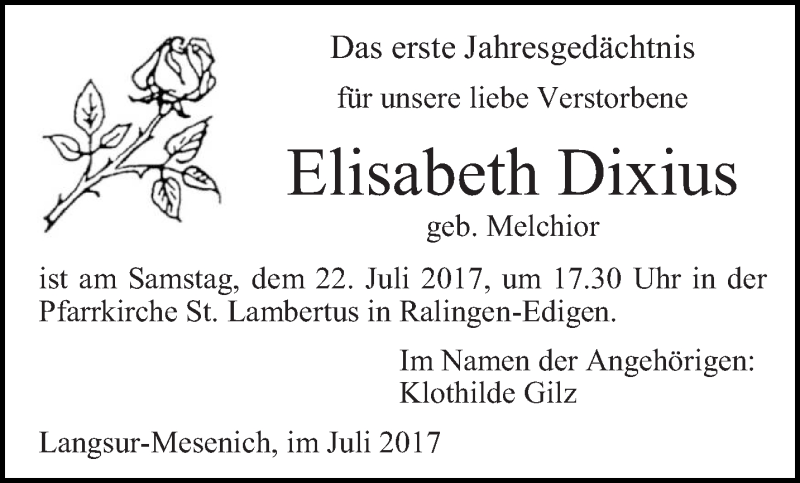  Traueranzeige für Elisabeth Dixius vom 15.07.2017 aus trierischer_volksfreund
