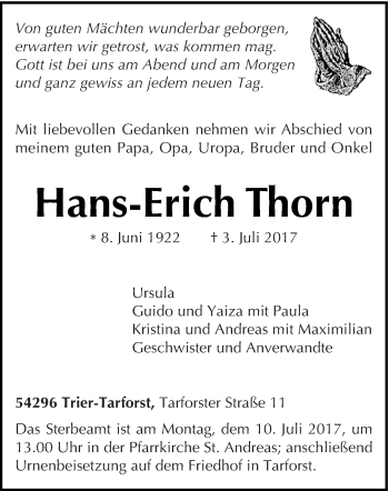 Traueranzeige von Hans-Erich Thorn von trierischer_volksfreund