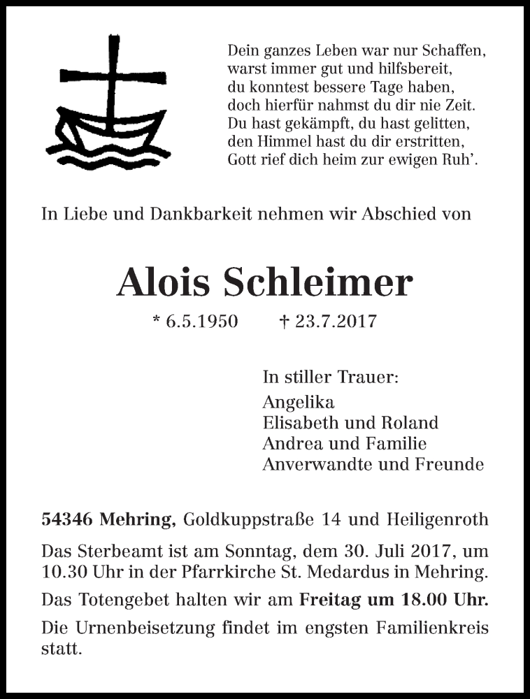  Traueranzeige für Alois Schleimer vom 25.07.2017 aus trierischer_volksfreund