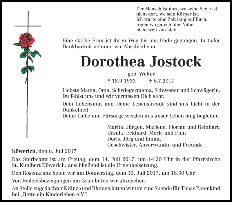  Traueranzeige für Dorothea Jostock vom 08.07.2017 aus trierischer_volksfreund