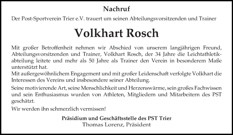  Traueranzeige für Volkhart Rosch vom 12.07.2017 aus trierischer_volksfreund