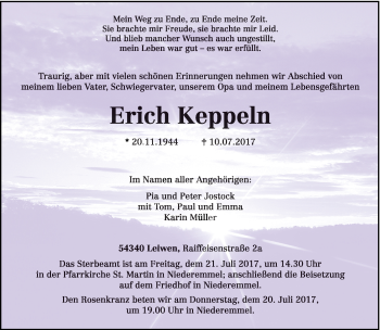 Traueranzeige von Erich Keppeln von trierischer_volksfreund