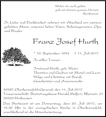 Traueranzeige von Franz Josef Hurth von trierischer_volksfreund
