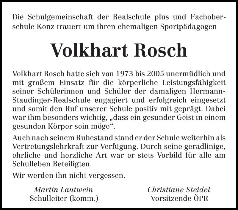  Traueranzeige für Volkhart Rosch vom 15.07.2017 aus trierischer_volksfreund
