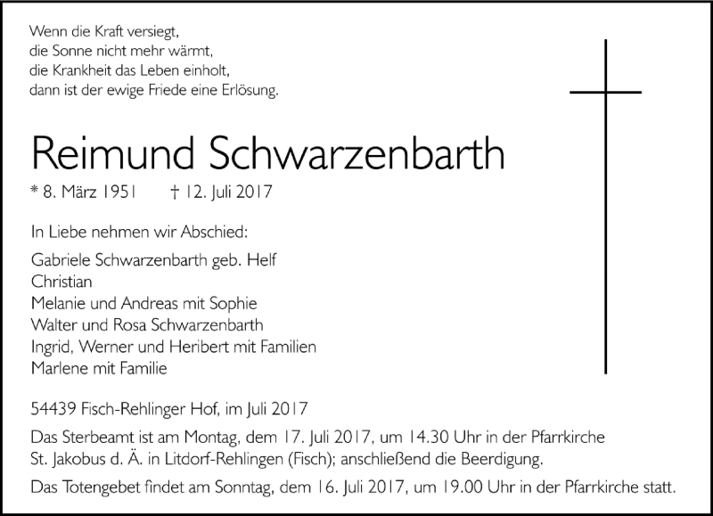  Traueranzeige für Reimund Schwarzenbarth vom 15.07.2017 aus trierischer_volksfreund