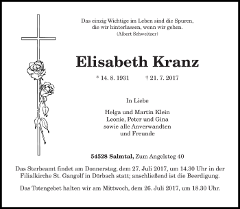 Traueranzeige von Elisabeth Kranz von trierischer_volksfreund