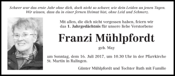 Traueranzeige von Franzi Mühlpfordt von trierischer_volksfreund