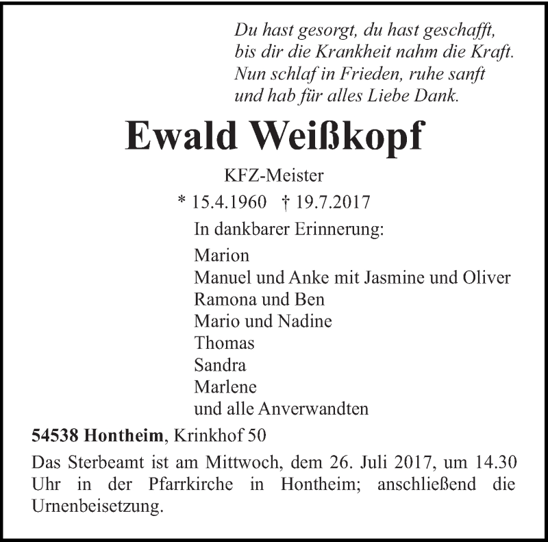  Traueranzeige für Ewald Weißkopf vom 22.07.2017 aus trierischer_volksfreund