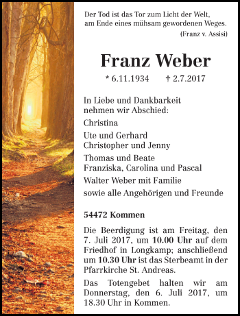 Traueranzeige von Franz Weber von trierischer_volksfreund