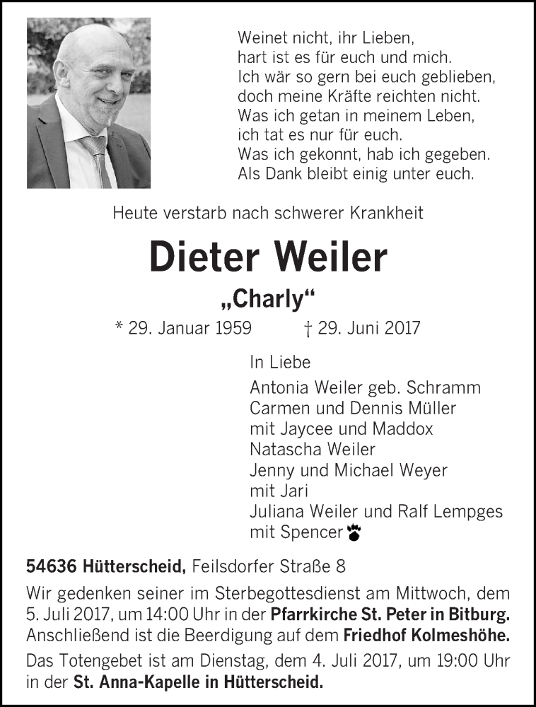 Traueranzeige für Dieter Weiler vom 01.07.2017 aus trierischer_volksfreund