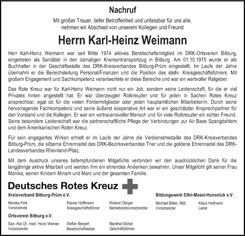  Traueranzeige für Karl-Heinz Weimann vom 12.07.2017 aus trierischer_volksfreund