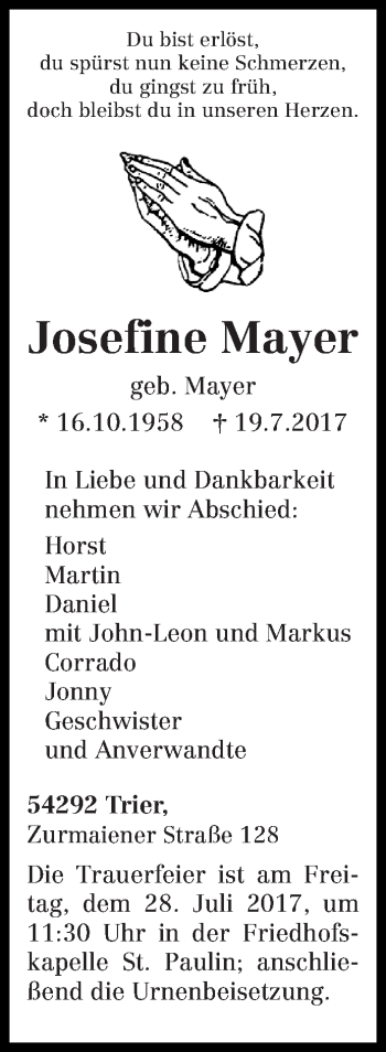 Traueranzeige von Josefine Mayer von trierischer_volksfreund