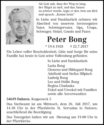 Traueranzeige von Peter Bong von trierischer_volksfreund