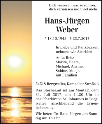 Traueranzeige von Hans-Jürgen Weber von trierischer_volksfreund