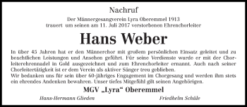 Traueranzeige von Hans Weber von trierischer_volksfreund
