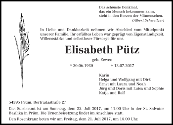 Traueranzeige von Elisabeth Pütz von trierischer_volksfreund