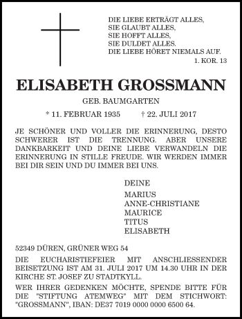 Traueranzeige von Elisabeth Grossmann von trierischer_volksfreund