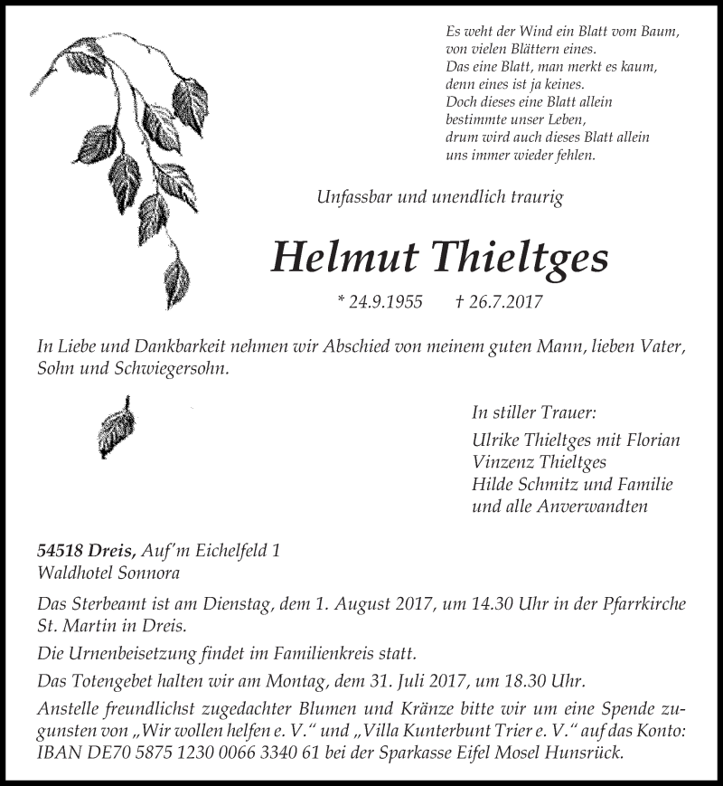  Traueranzeige für Helmut Thieltges vom 28.07.2017 aus trierischer_volksfreund