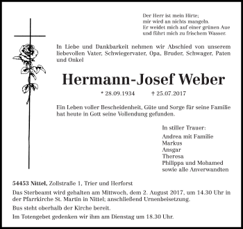 Traueranzeige von Hermann-Josef Weber von trierischer_volksfreund