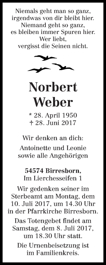 Traueranzeige von Norbert Weber von trierischer_volksfreund