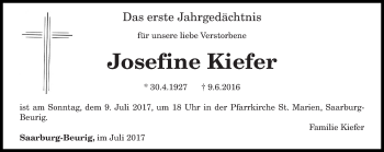 Traueranzeige von Josefine Kiefer von trierischer_volksfreund