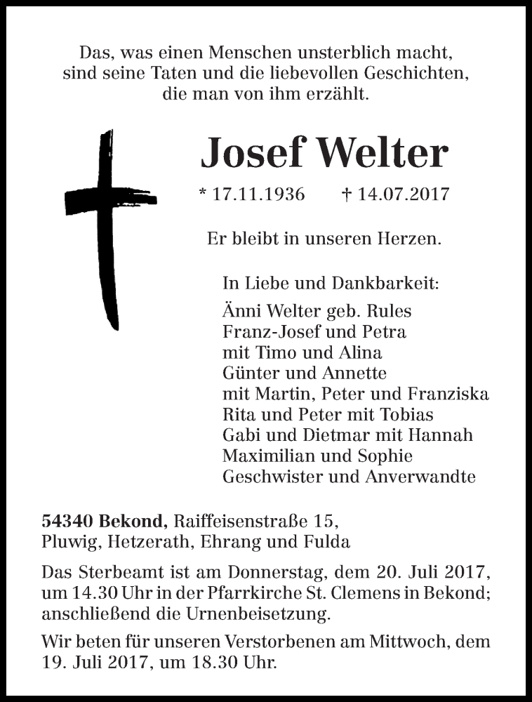  Traueranzeige für Josef Welter vom 18.07.2017 aus trierischer_volksfreund