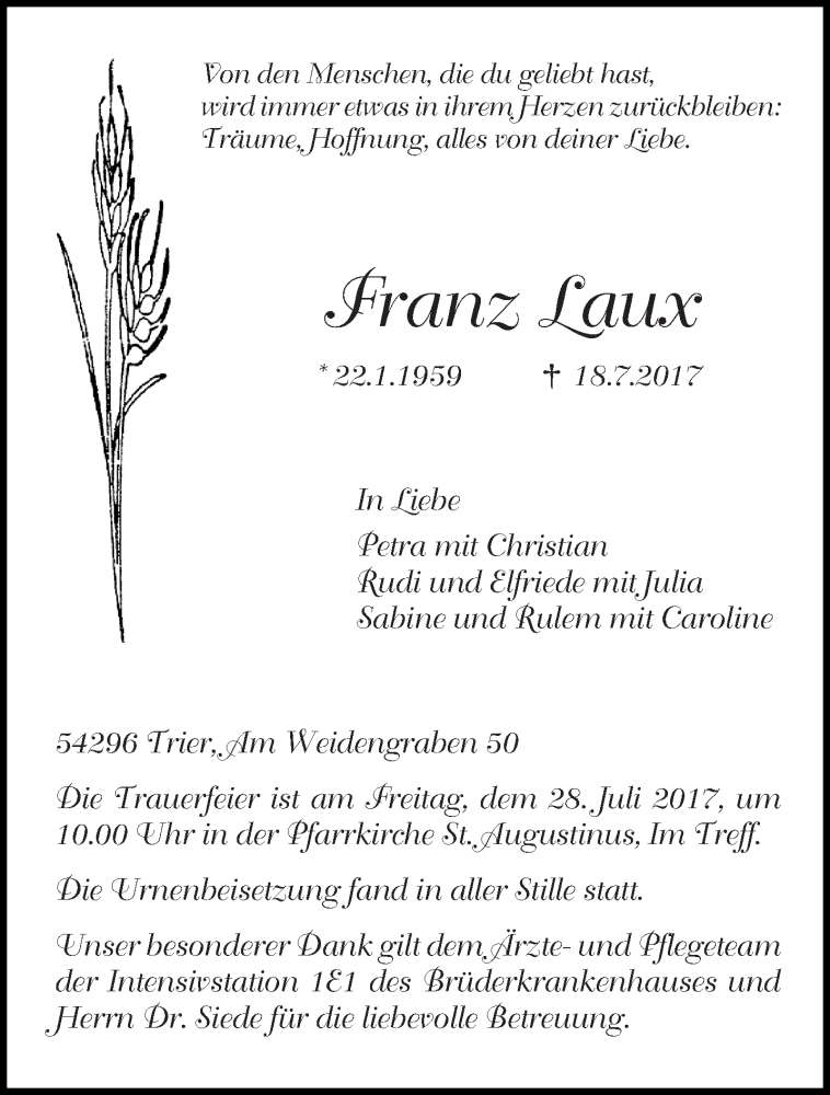  Traueranzeige für Franz Laux vom 22.07.2017 aus trierischer_volksfreund