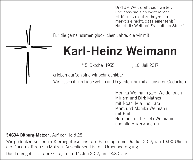  Traueranzeige für Karl-Heinz Weimann vom 12.07.2017 aus trierischer_volksfreund