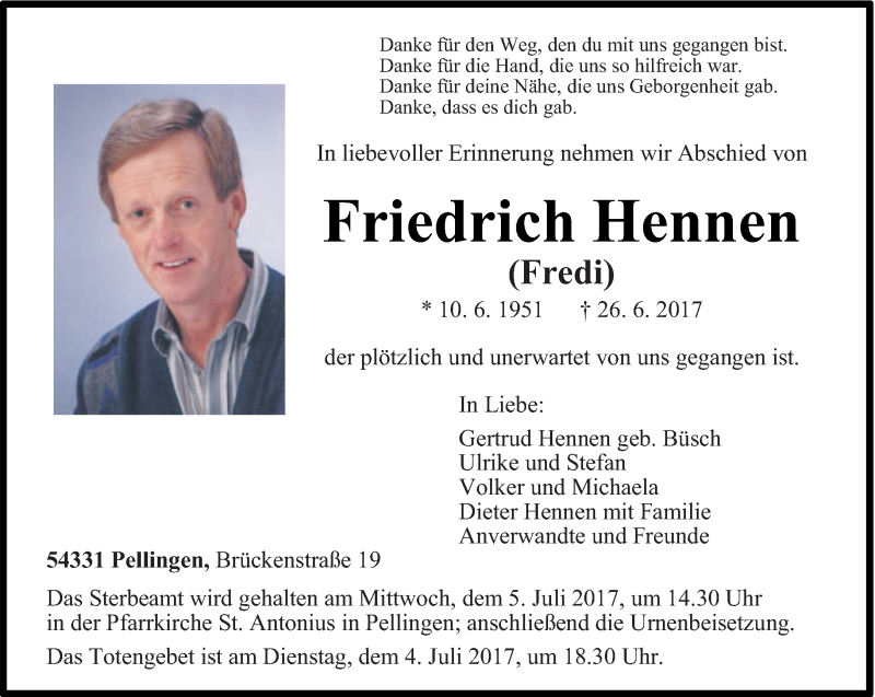  Traueranzeige für Friedrich Hennen vom 01.07.2017 aus trierischer_volksfreund