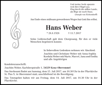 Traueranzeige von Hans Weber von trierischer_volksfreund