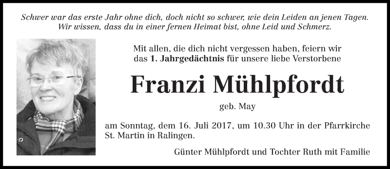  Traueranzeige für Franzi Mühlpfordt vom 08.07.2017 aus trierischer_volksfreund