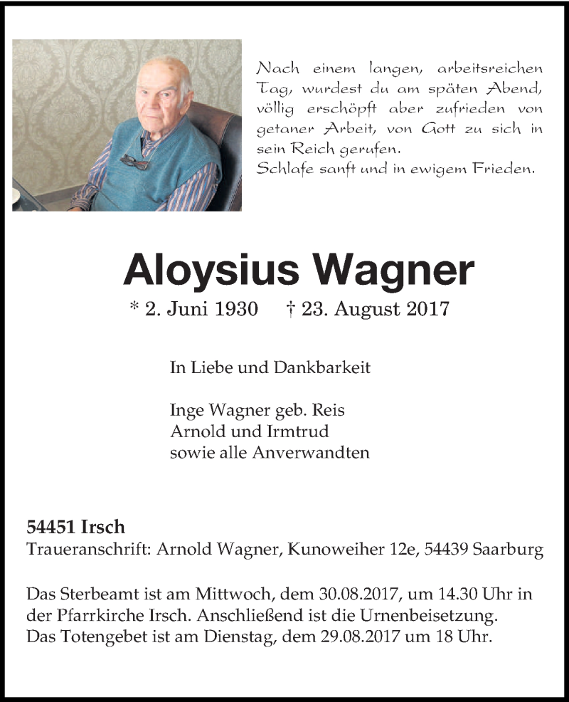  Traueranzeige für Aloysius Wagner vom 26.08.2017 aus trierischer_volksfreund