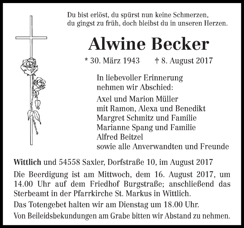  Traueranzeige für Alwine Becker vom 12.08.2017 aus trierischer_volksfreund