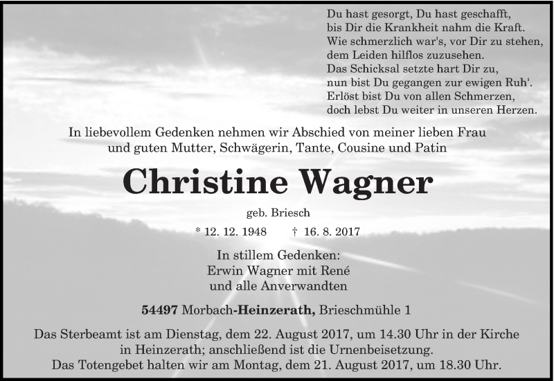  Traueranzeige für Christine Wagner vom 19.08.2017 aus trierischer_volksfreund