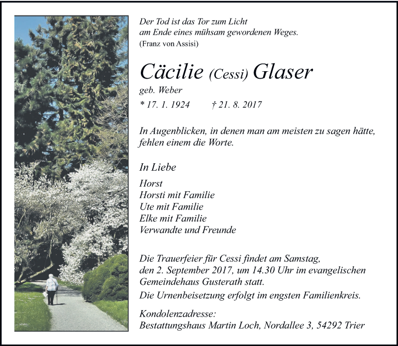  Traueranzeige für Cäcilie  Glaser vom 30.08.2017 aus trierischer_volksfreund