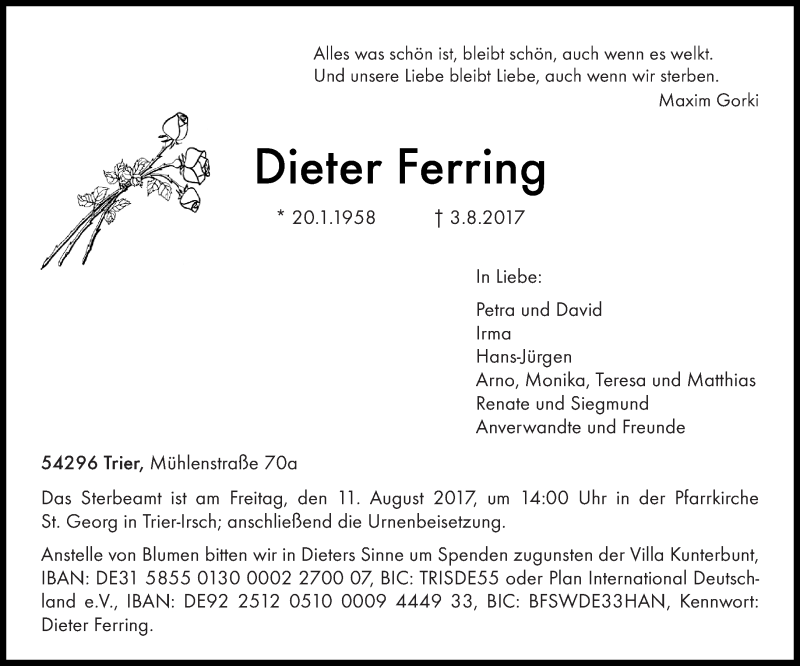  Traueranzeige für Dieter Ferring vom 08.08.2017 aus trierischer_volksfreund