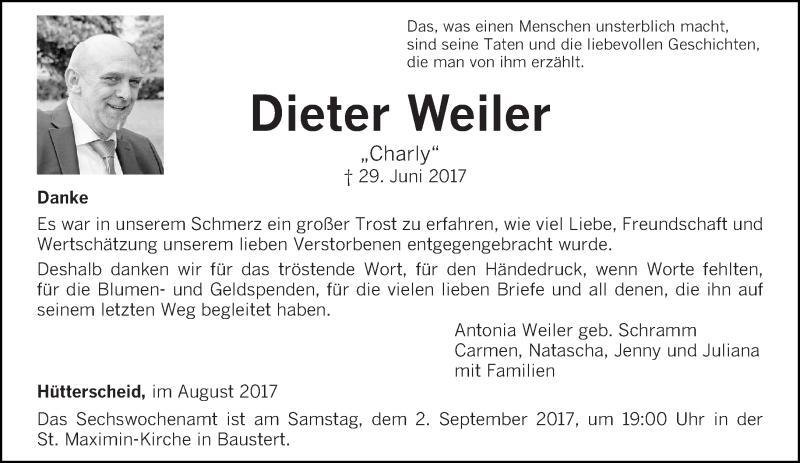  Traueranzeige für Dieter Weiler vom 26.08.2017 aus trierischer_volksfreund