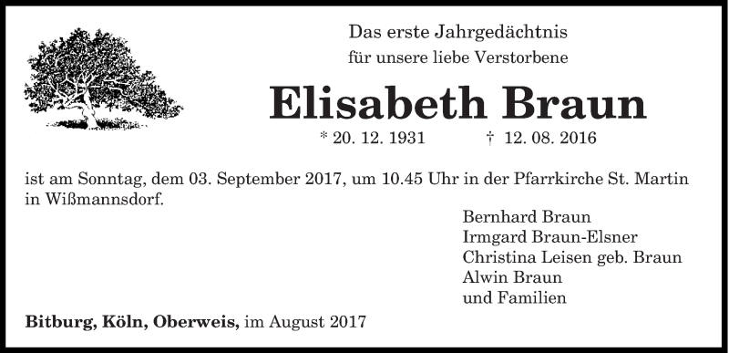  Traueranzeige für Elisabeth Braun vom 30.08.2017 aus trierischer_volksfreund