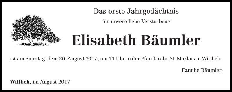  Traueranzeige für Elisabeth Bäumler vom 18.08.2017 aus trierischer_volksfreund