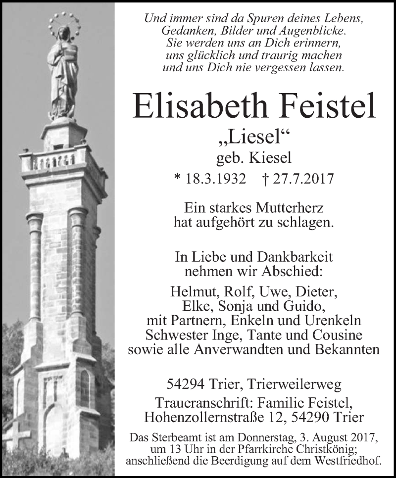  Traueranzeige für Elisabeth Feistel vom 31.07.2017 aus trierischer_volksfreund