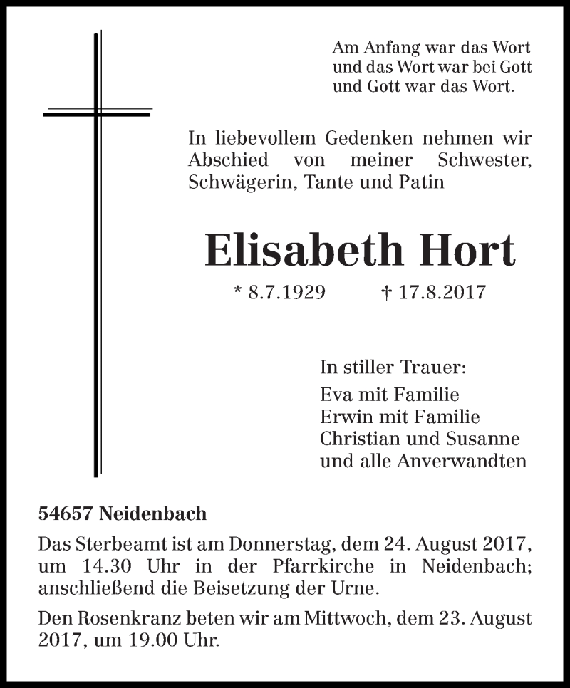  Traueranzeige für Elisabeth Hort vom 21.08.2017 aus trierischer_volksfreund